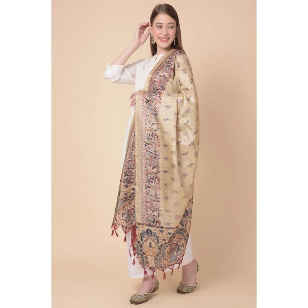 Women's Art Silk Printed Shawl (Gold, Length: 2.25 to 2.50 Mtr)