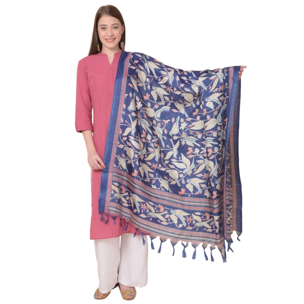 Women's Art Silk Printed Shawl (Blue, Length: 2.25 to 2.50 Mtr)