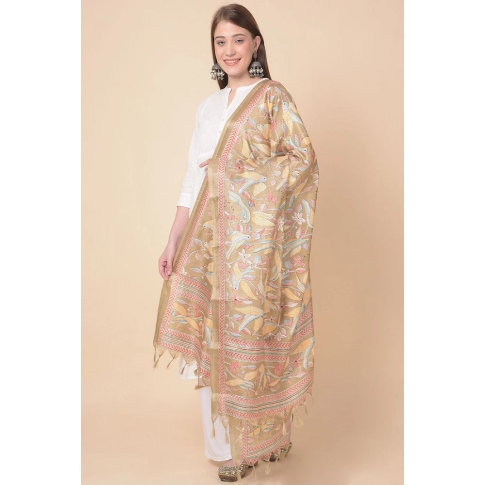 Women's Art Silk Printed Shawl (Light Brown, Length: 2.25 to 2.50 Mtr)