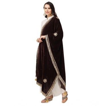 Women's Velvet Gotta Patti Shawl (Brown, Length: 2.25 to 2.50 Mtr)