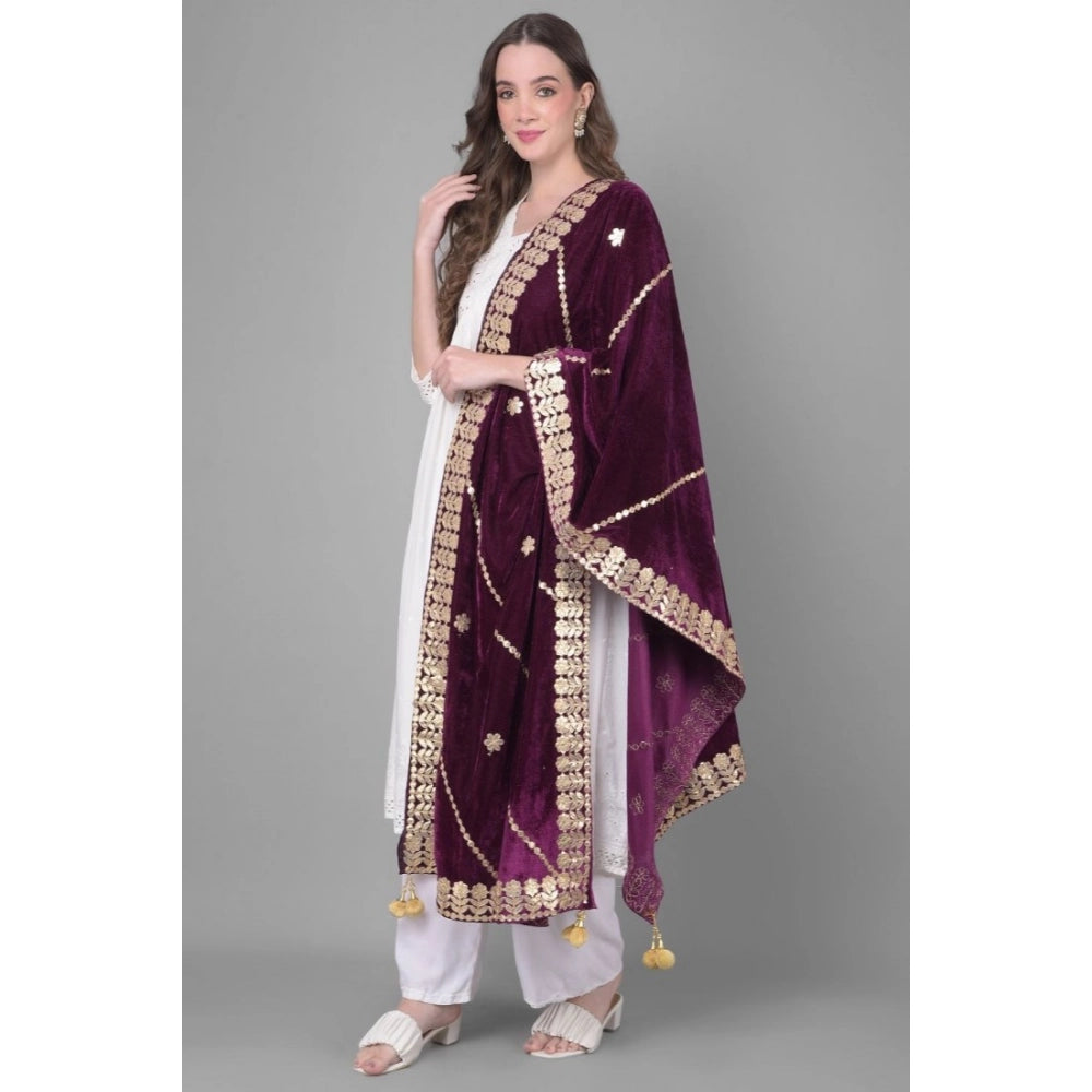 Women's Velvet Gotta Patti Shawl (Wine, Length: 2.25 to 2.50 Mtr)
