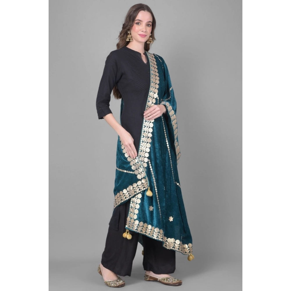 Women's Velvet Gotta Patti Shawl (Teal, Length: 2.25 to 2.50 Mtr)