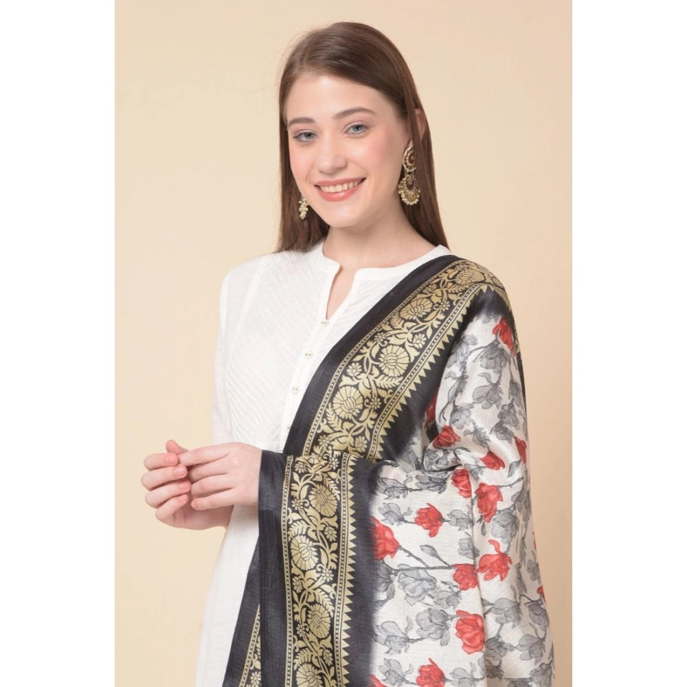 Women's Art Silk Printed Shawl (Black, Length: 2.25 to 2.50 Mtr)