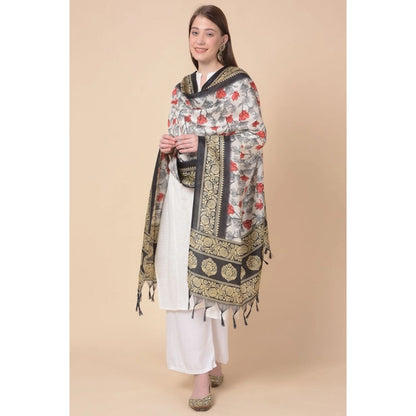 Women's Art Silk Printed Shawl (Black, Length: 2.25 to 2.50 Mtr)