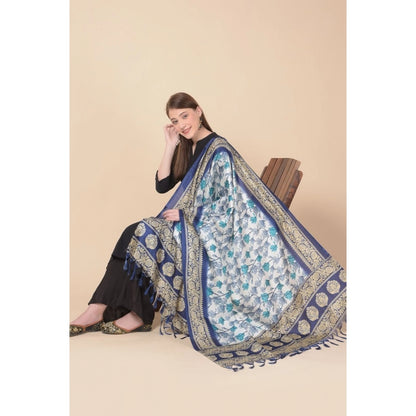 Women's Art Silk Printed Shawl (Blue, Length: 2.25 to 2.50 Mtr)