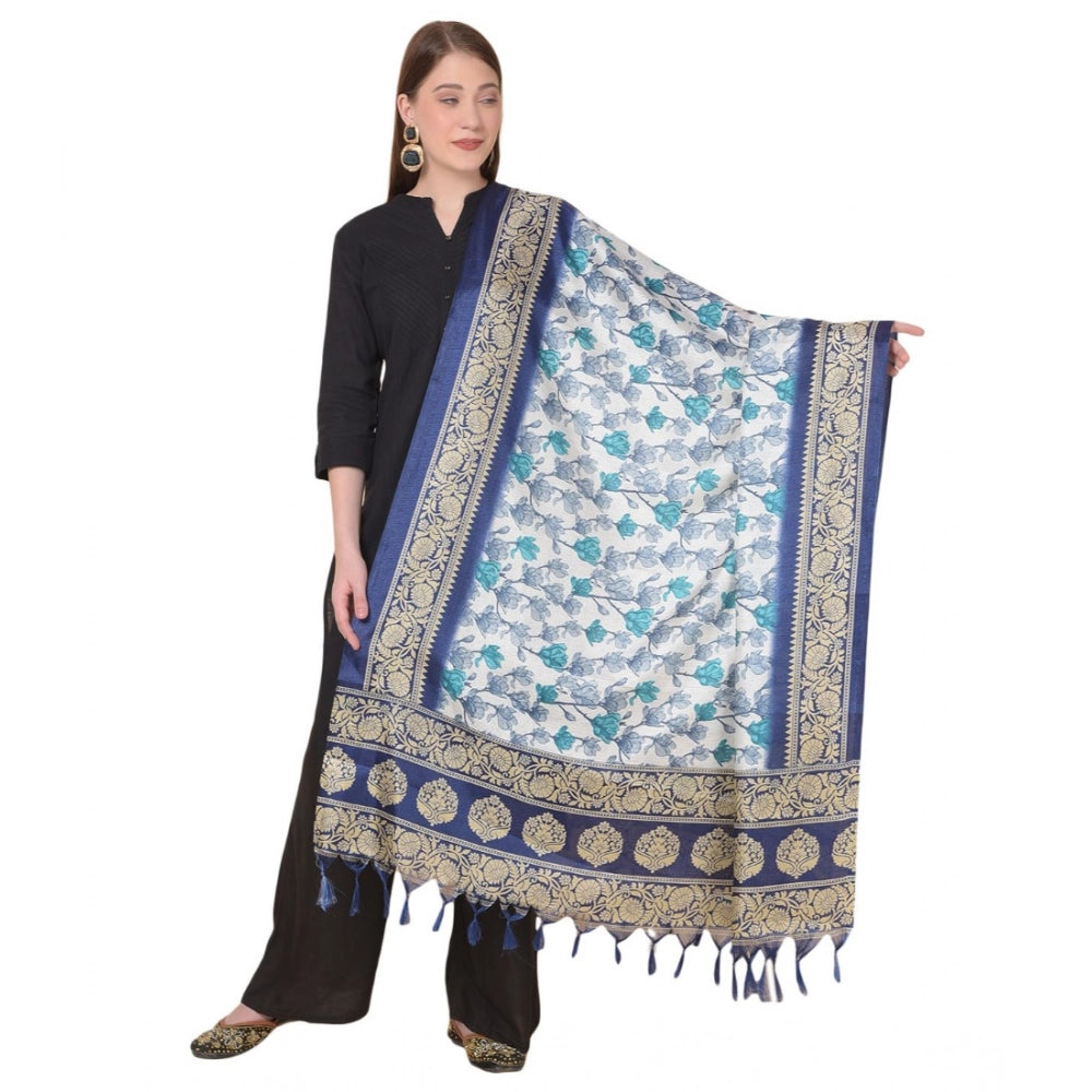 Women's Art Silk Printed Shawl (Blue, Length: 2.25 to 2.50 Mtr)