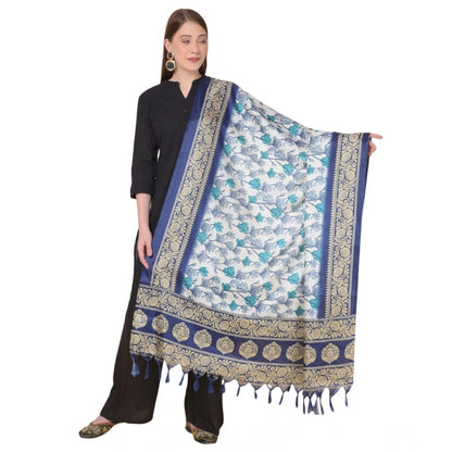 Women's Art Silk Printed Shawl (Blue, Length: 2.25 to 2.50 Mtr)