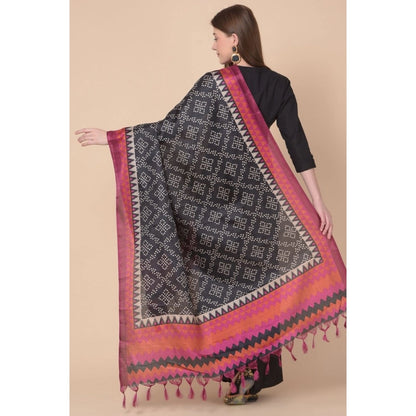 Women's Art Silk Printed Shawl (Black, Length: 2.25 to 2.50 Mtr)