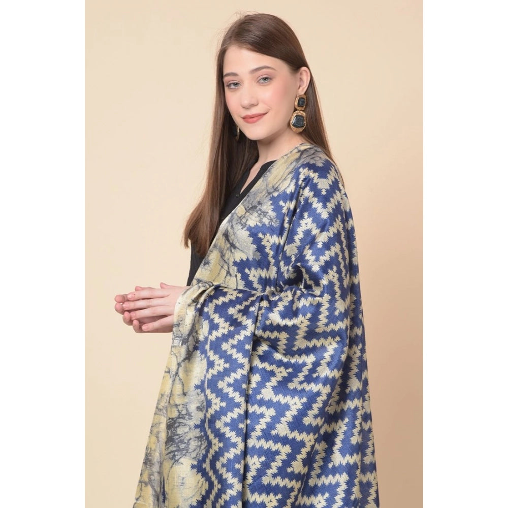 Women's Art Silk Printed Shawl (Blue, Length: 2.25 to 2.50 Mtr)