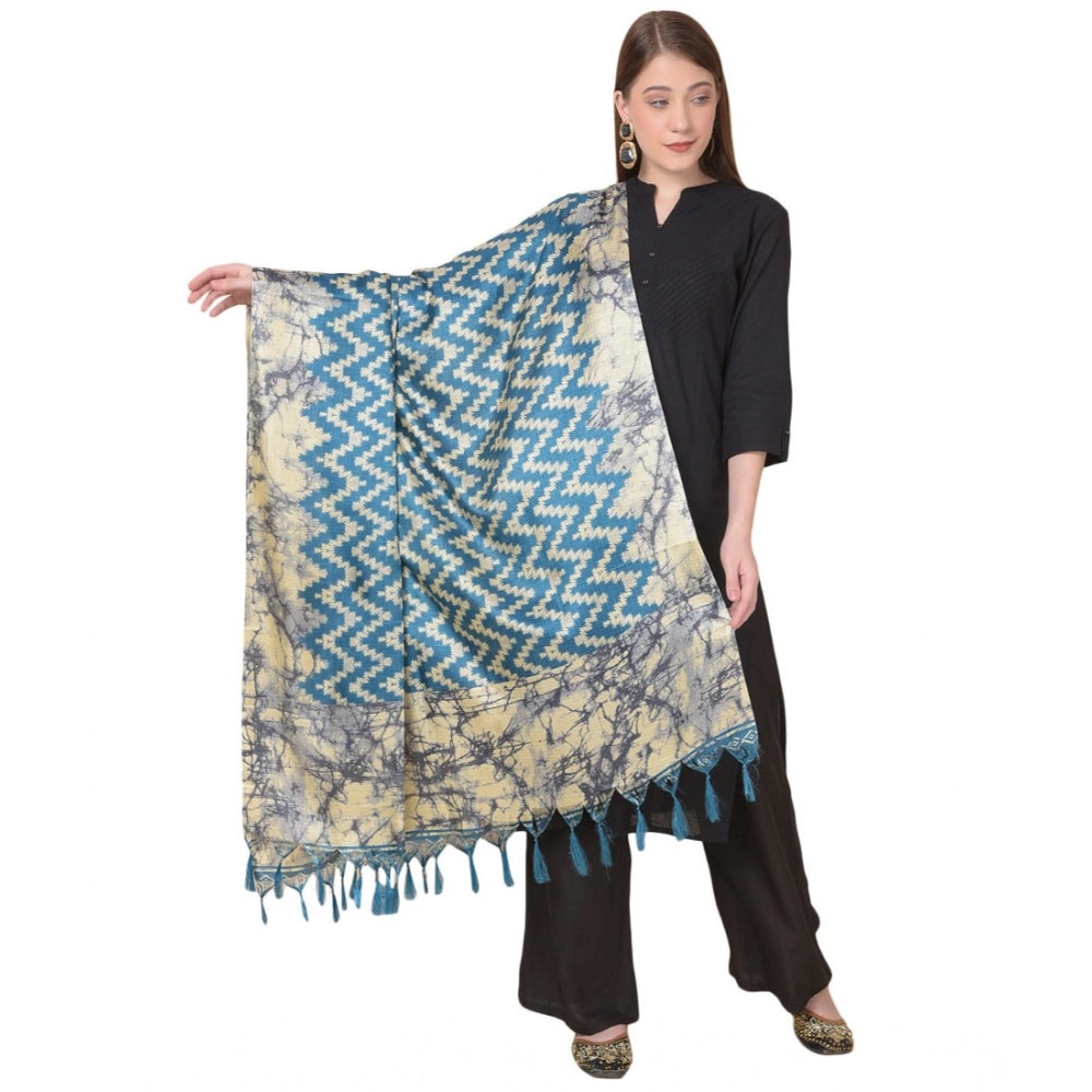 Women's Art Silk Printed Shawl (Blue, Length: 2.25 to 2.50 Mtr)