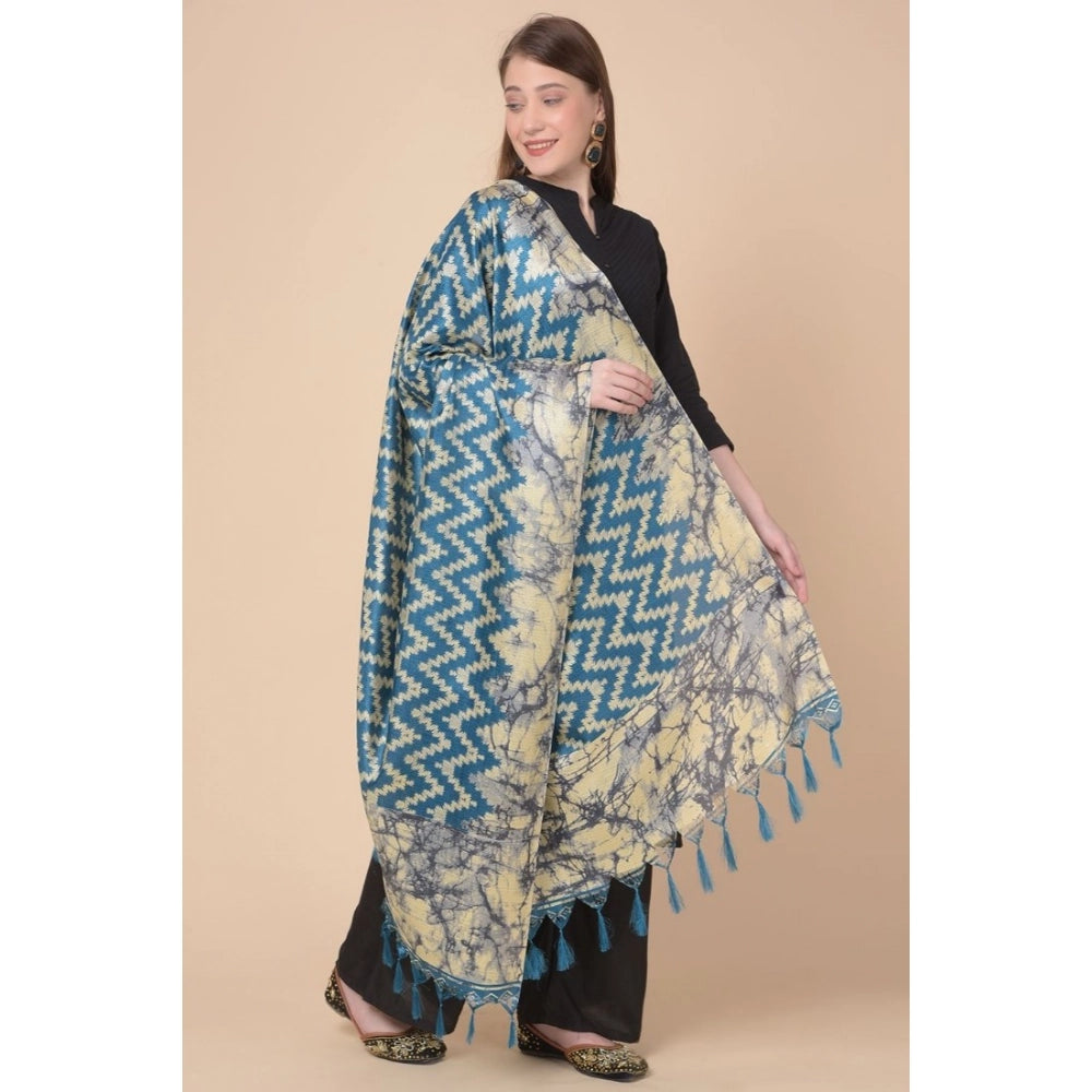 Women's Art Silk Printed Shawl (Blue, Length: 2.25 to 2.50 Mtr)