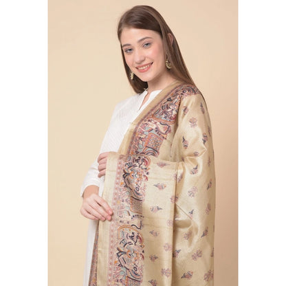Women's Art Silk Printed Shawl (Gold, Length: 2.25 to 2.50 Mtr)