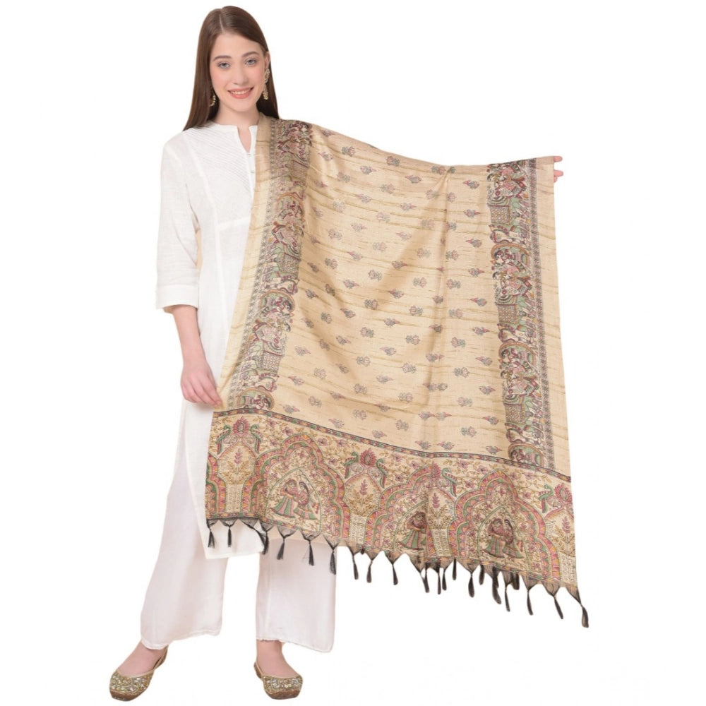 Women's Art Silk Printed Shawl (Gold, Length: 2.25 to 2.50 Mtr)