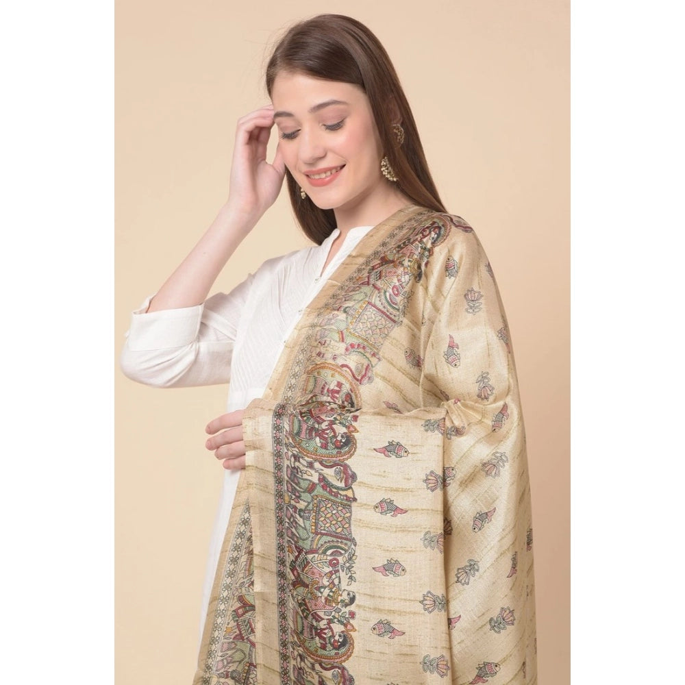 Women's Art Silk Printed Shawl (Gold, Length: 2.25 to 2.50 Mtr)