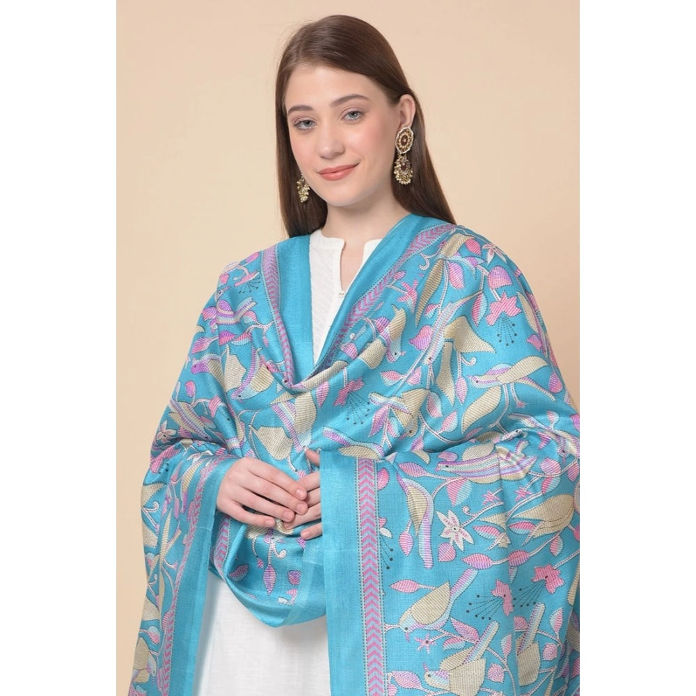 Women's Art Silk Printed Shawl (Turquoise, Length: 2.25 to 2.50 Mtr)