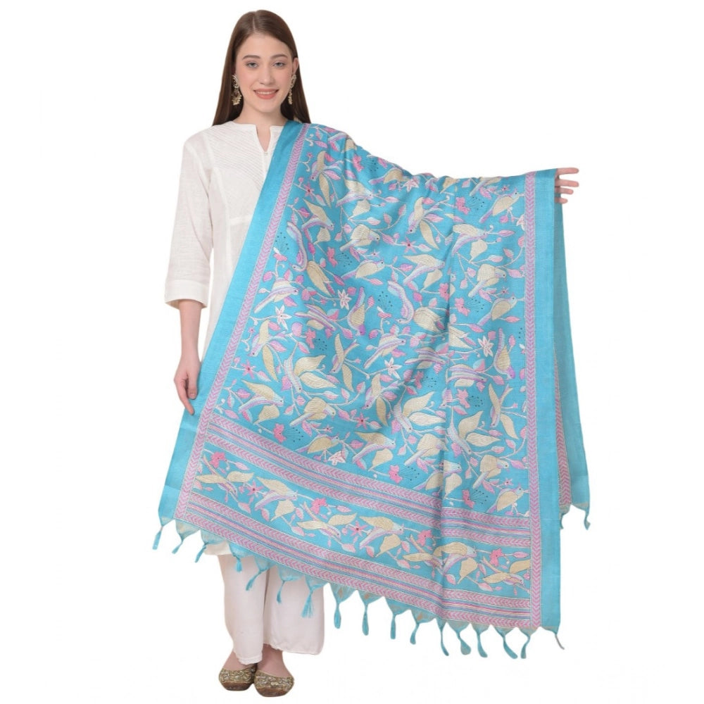 Women's Art Silk Printed Shawl (Turquoise, Length: 2.25 to 2.50 Mtr)