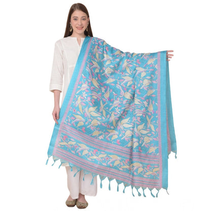 Women's Art Silk Printed Shawl (Turquoise, Length: 2.25 to 2.50 Mtr)