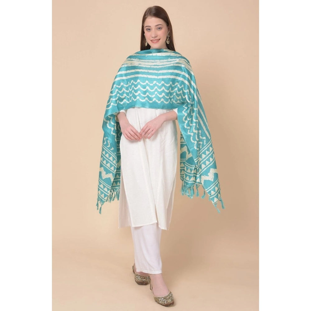 Women's Art Silk Printed Shawl (Turquoise, Length: 2.25 to 2.50 Mtr)
