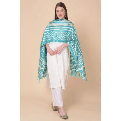 Women's Art Silk Printed Shawl (Turquoise, Length: 2.25 to 2.50 Mtr)