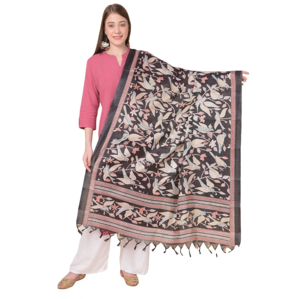 Women's Art Silk Printed Shawl (Black, Length: 2.25 to 2.50 Mtr)