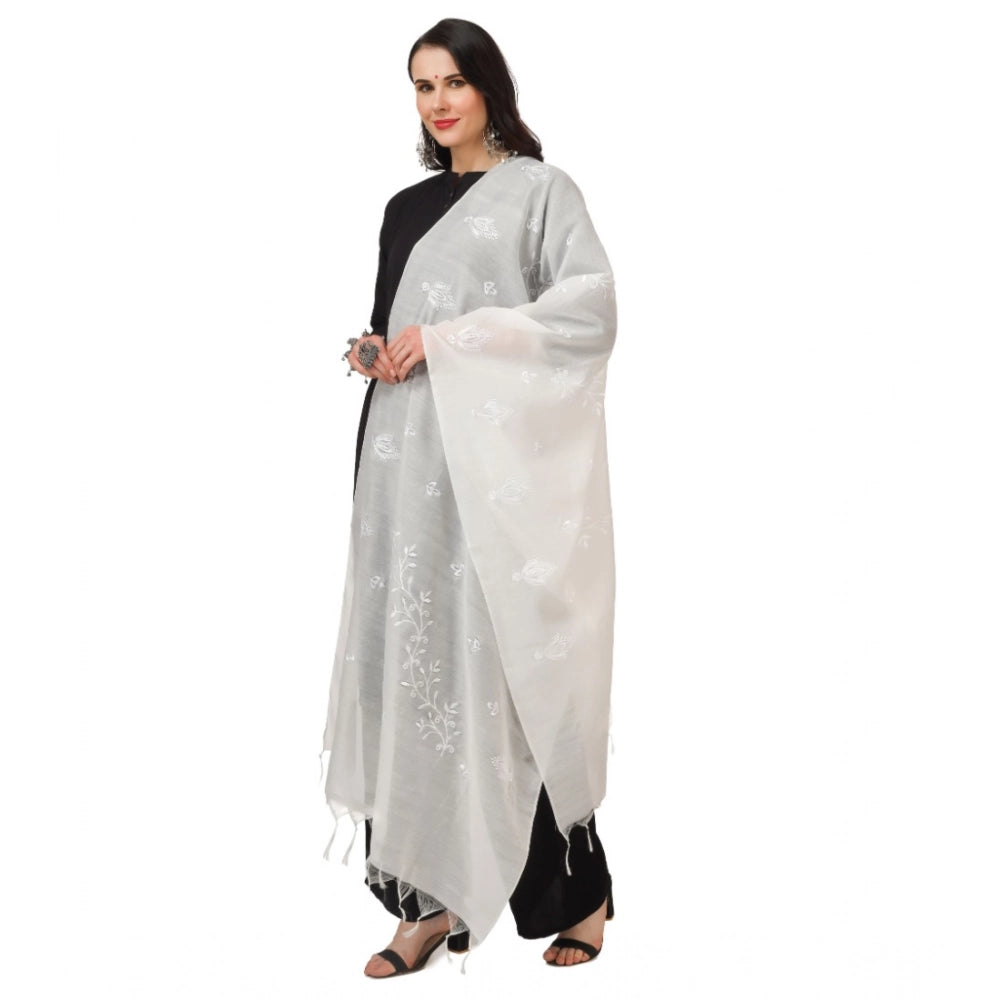 Women's Cotton Embroidered Shawl (White, Length: 2.25 to 2.50 Mtr)