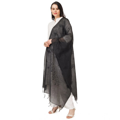 Women's Cotton Embroidered Shawl (Black, Length: 2.25 to 2.50 Mtr)