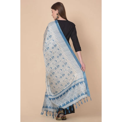 Women's Art Silk Printed Shawl (Turquoise, Length: 2.25 to 2.50 Mtr)