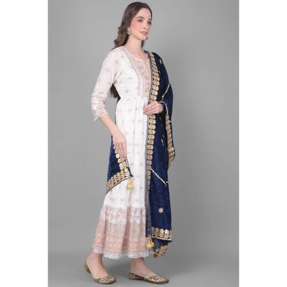 Women's Velvet Gotta Patti Shawl (Navy, Length: 2.25 to 2.50 Mtr)