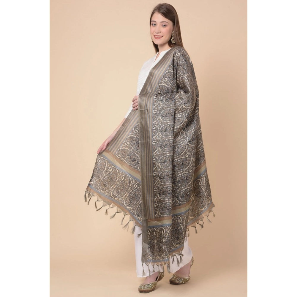 Women's Art Silk Printed Shawl (Grey, Length: 2.25 to 2.50 Mtr)