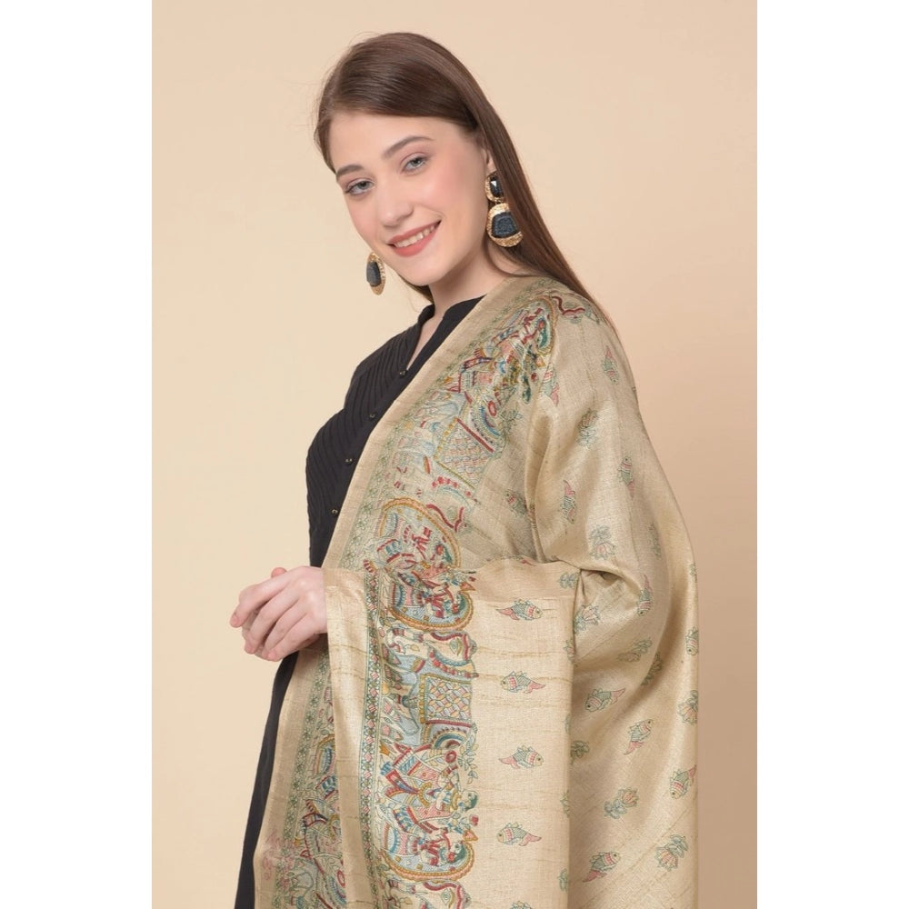 Women's Art Silk Printed Shawl (Gold, Length: 2.25 to 2.50 Mtr)