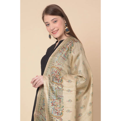 Women's Art Silk Printed Shawl (Gold, Length: 2.25 to 2.50 Mtr)