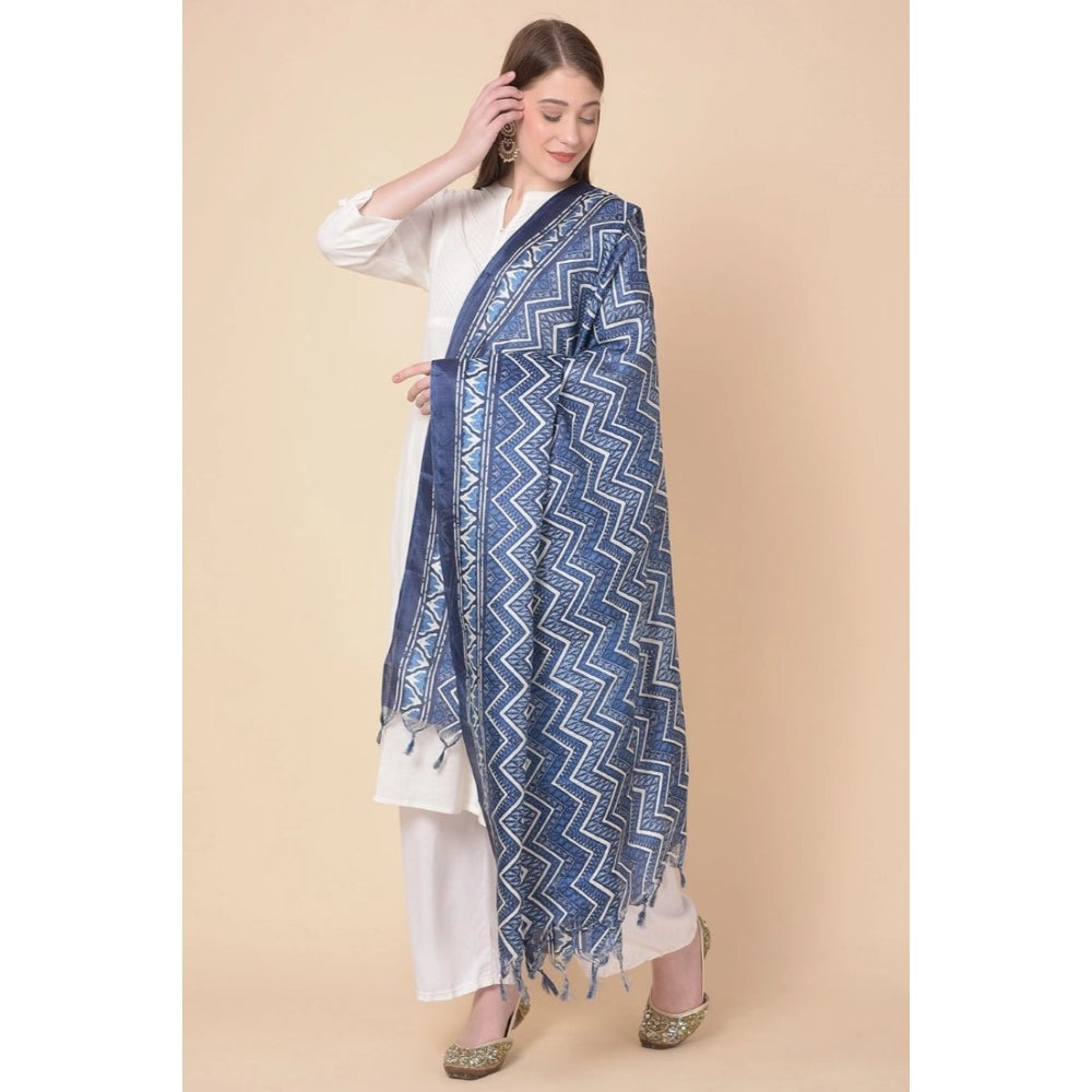 Women's Art Silk Printed Shawl (Blue, Length: 2.25 to 2.50 Mtr)