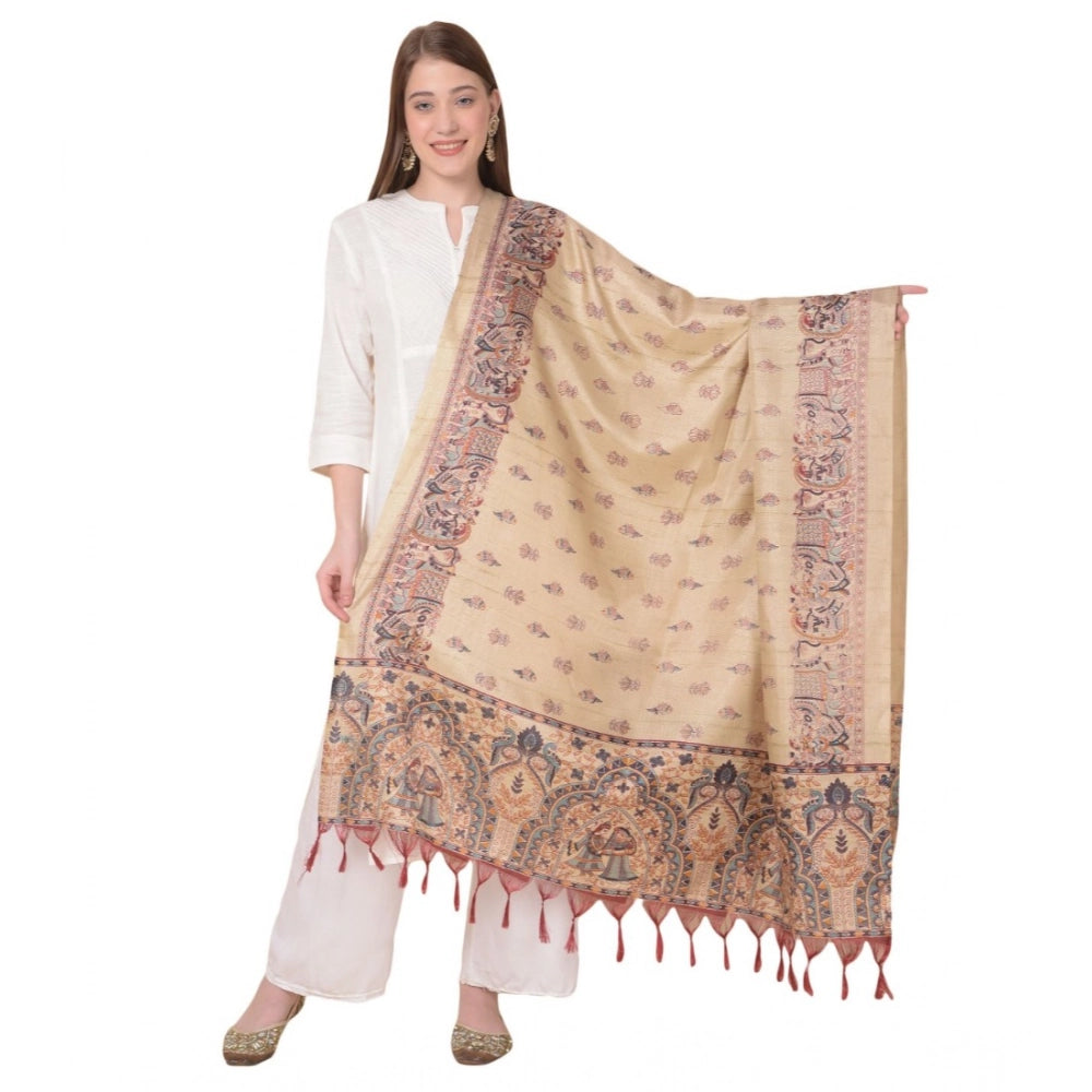Women's Art Silk Printed Shawl (Gold, Length: 2.25 to 2.50 Mtr)