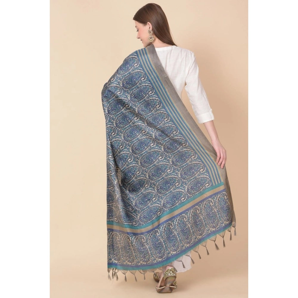 Women's Art Silk Printed Shawl (Blue, Length: 2.25 to 2.50 Mtr)