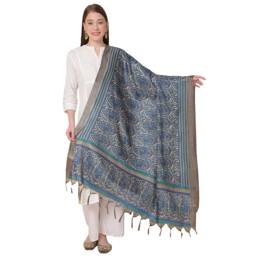 Women's Art Silk Printed Shawl (Blue, Length: 2.25 to 2.50 Mtr)