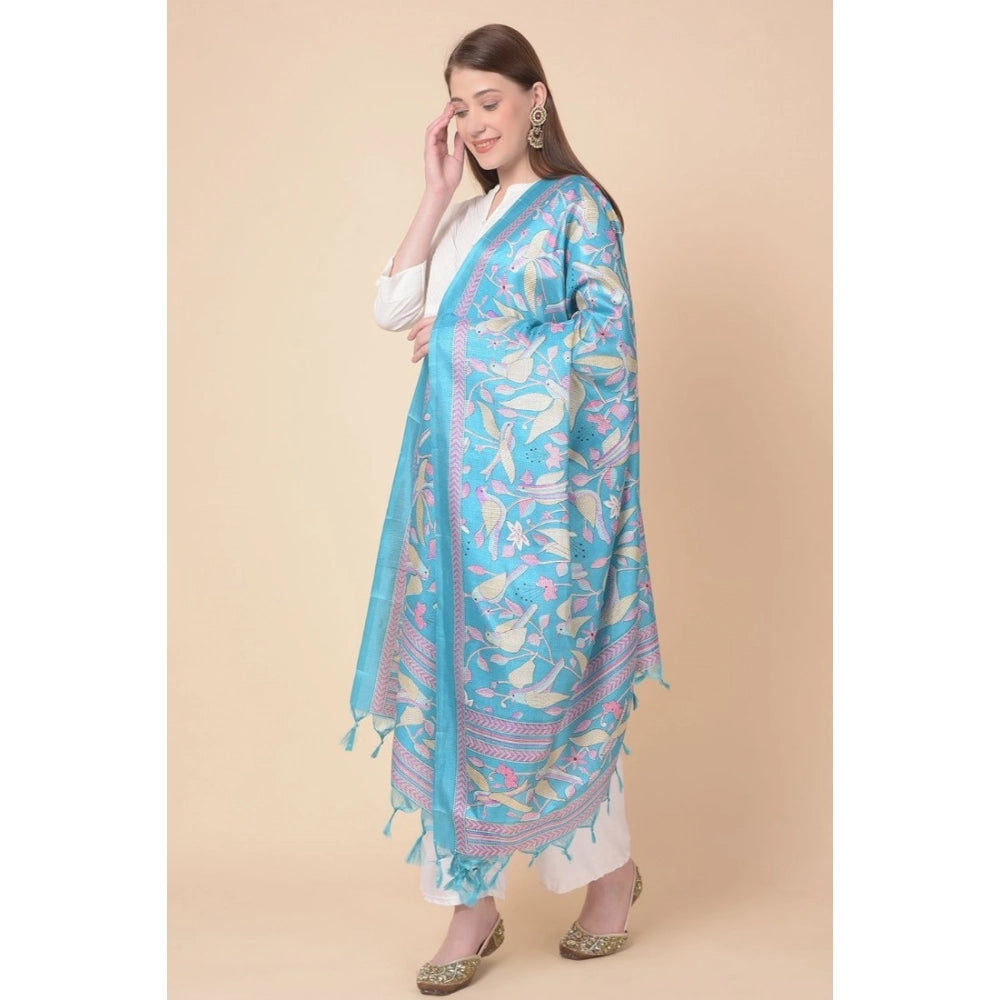 Women's Art Silk Printed Shawl (Turquoise, Length: 2.25 to 2.50 Mtr)