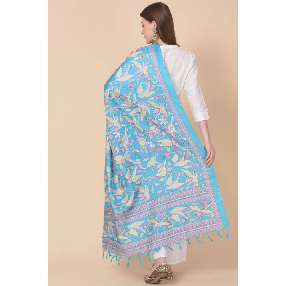 Women's Art Silk Printed Shawl (Turquoise, Length: 2.25 to 2.50 Mtr)