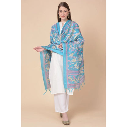 Women's Art Silk Printed Shawl (Turquoise, Length: 2.25 to 2.50 Mtr)