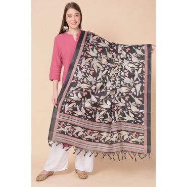 Women's Art Silk Printed Shawl (Black, Length: 2.25 to 2.50 Mtr)