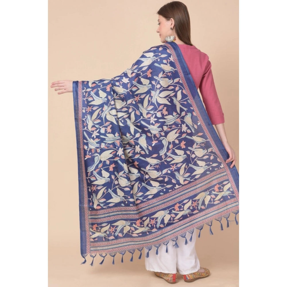 Women's Art Silk Printed Shawl (Blue, Length: 2.25 to 2.50 Mtr)
