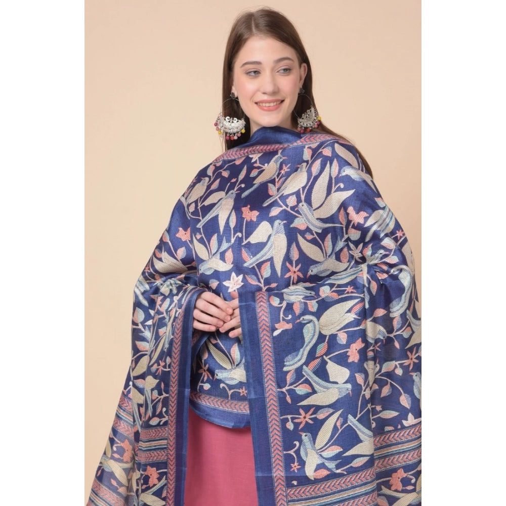 Women's Art Silk Printed Shawl (Blue, Length: 2.25 to 2.50 Mtr)