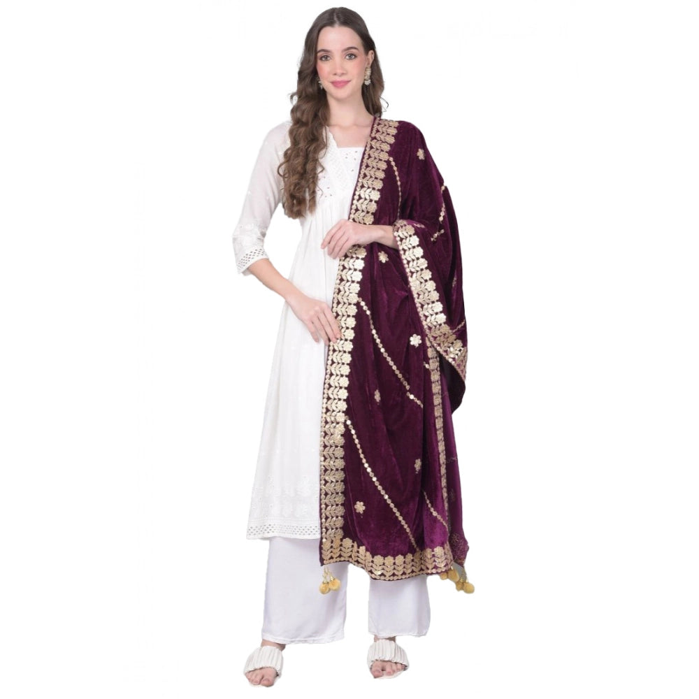 Women's Velvet Gotta Patti Shawl (Wine, Length: 2.25 to 2.50 Mtr)
