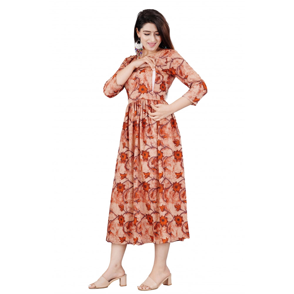 Women's Casual 3/4 Sleeve Printed Viscose Maternity Feeding Kurti (Brown)