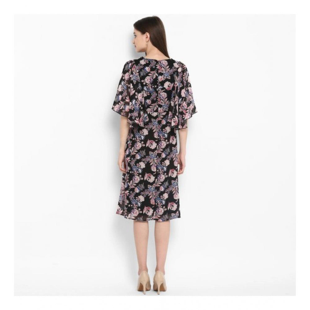 Women's Polyester Floral Short Sleeve Knee-Length Dress (Black - Multicolor)