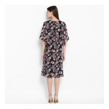 Women's Polyester Floral Short Sleeve Knee-Length Dress (Black - Multicolor)