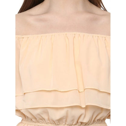Women's Polyester Solid Sleeveless Knee-Length Dress (Beige)