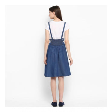 Women's Denim Solid Shoulder Straps Below Knee Dress (Blue)