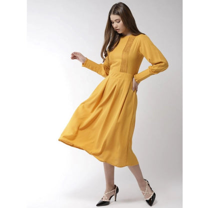 Women's Polyester Pintuck Long Sleeves Below Knee Dress (Yellow)