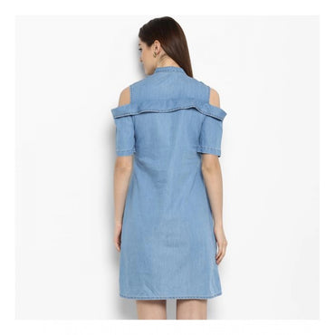 Women's Denim Solid Cold Shoulder Above Knee Dress (Blue)