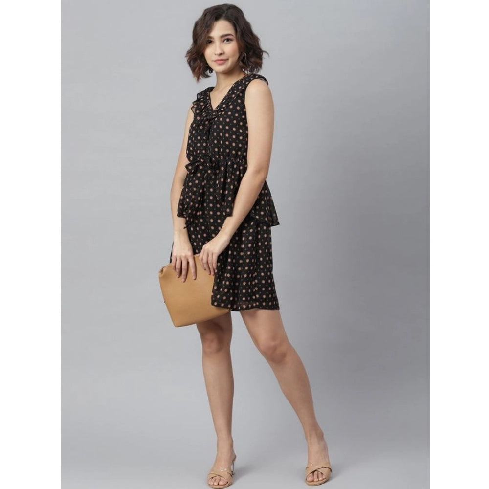 Women's Polyester Peplum Sleeveless Above Knee Dress (Black)
